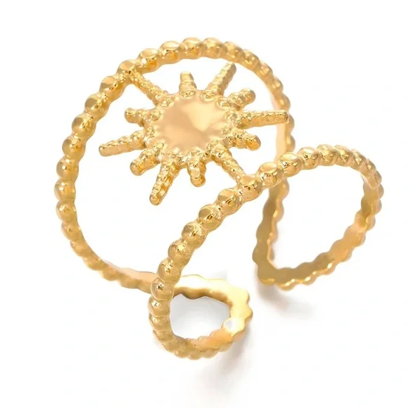 Stainless Steel Gold Tone Sunburst Adjustable Ring (R42) - Picture 9 of 10